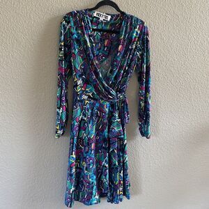 Vintage Vicky Tiel Wrap Dress Multicolor Abstract Blue Ruched Funky Small